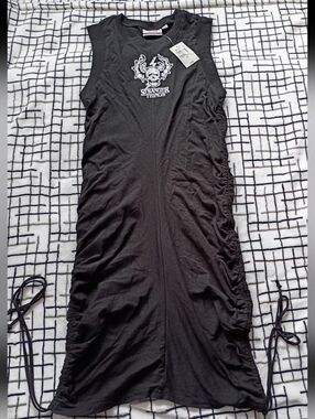 STRANGER THINGS Size Medium Black Embroidered Long Ruched Sides Dress New